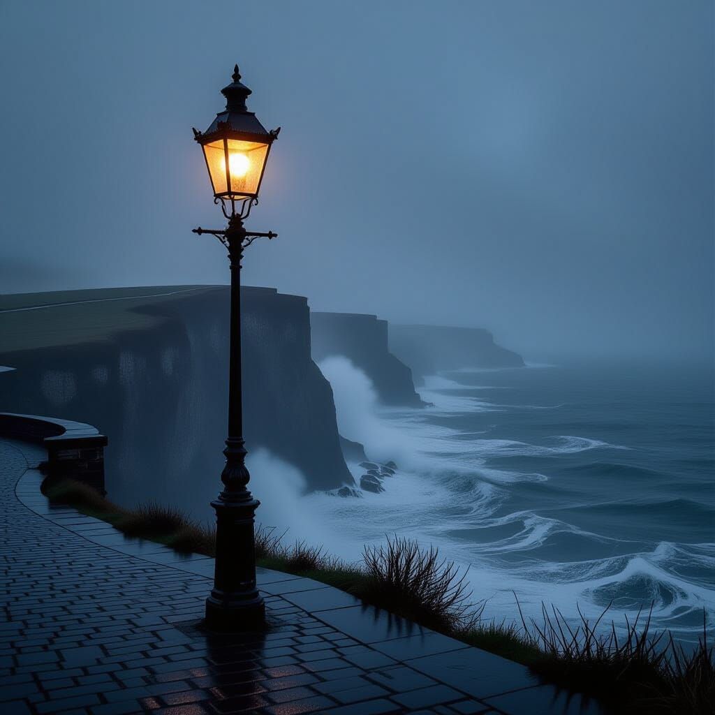 Gothic Coast Streetlamp in Surreal Fog