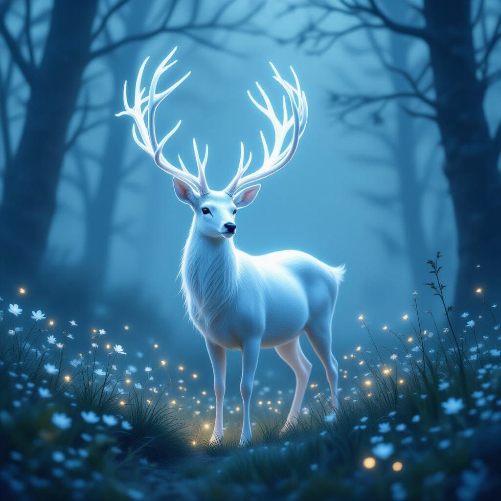 Ethereal Deer With Glowing Antlers in Misty Forest