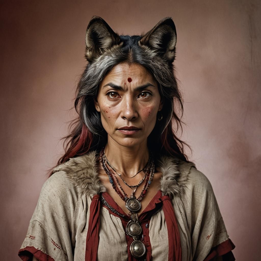 Anthropomorphic Wolf Woman Portrait in Red Tones