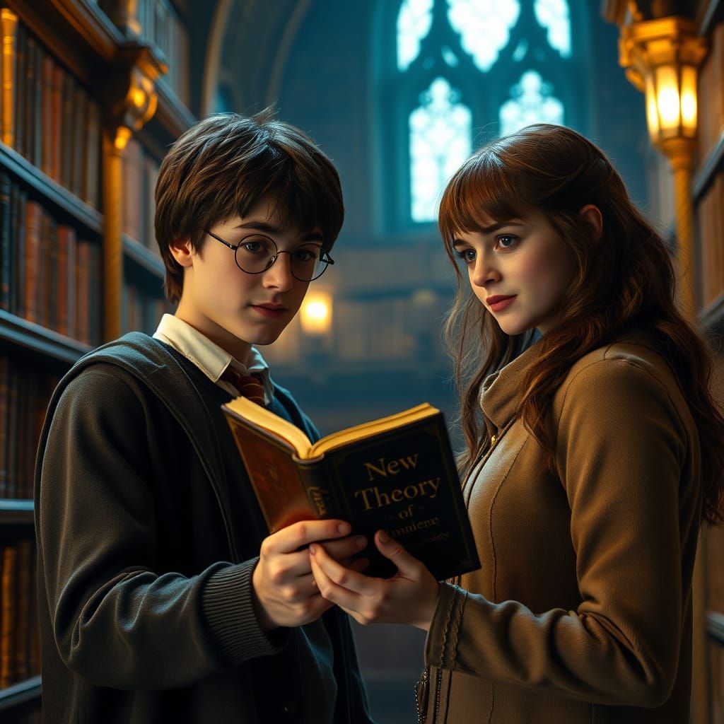 Daniel Radcliffe and Hermione study the book "New Theory of Numerology".