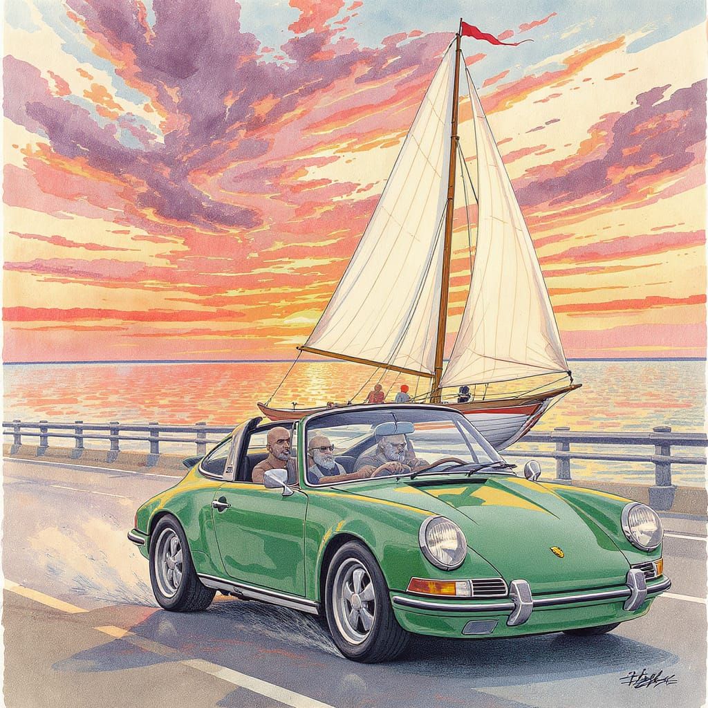 Surreal Porsche Drive into Sunset: Gouache Watercolor