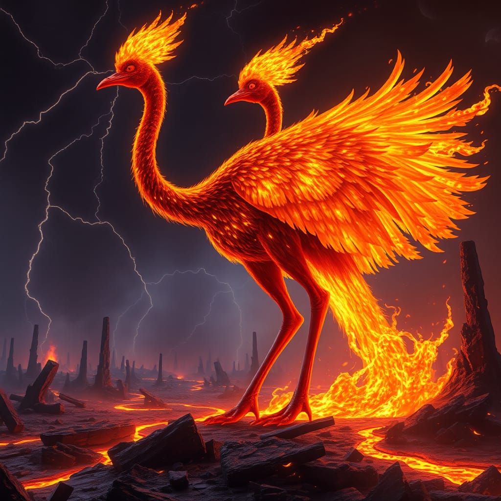 Blazing Ostrich Creature in Dark Fantasy Art Style
