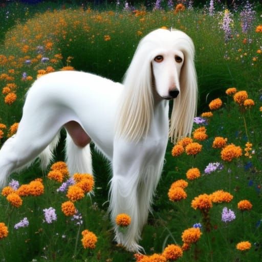 Afghan Hound in a Flower Field