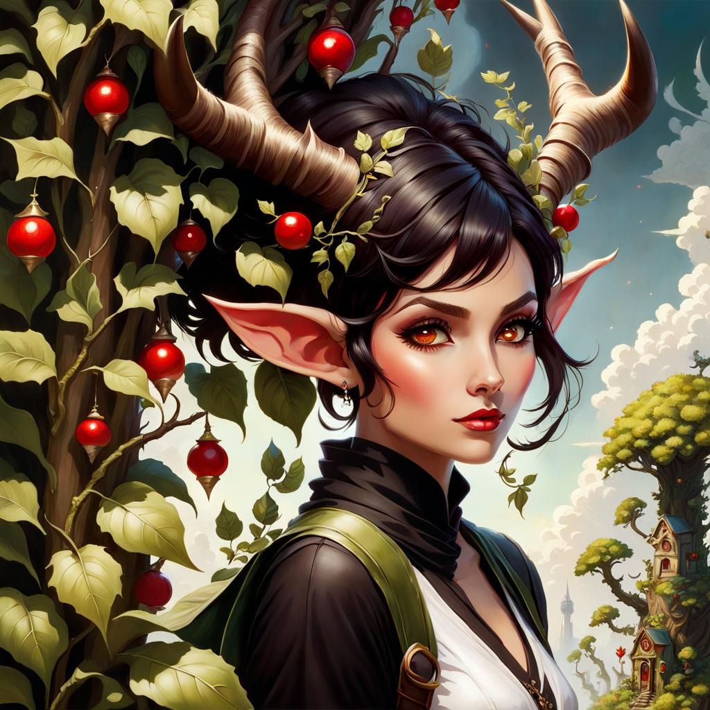 Fae Faun Climbs Beanstalk: Fantasy Art