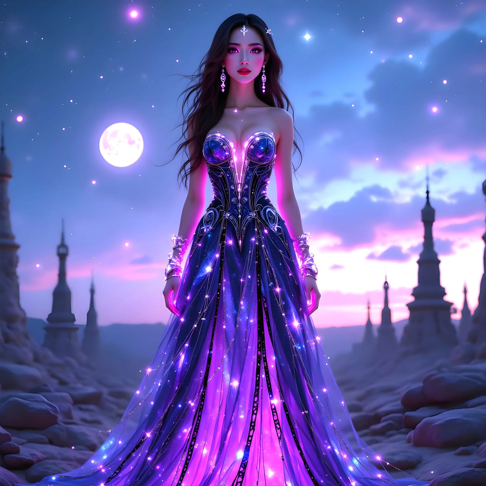 Fantasy Portrait of Woman in Cosmic Glowing Dress