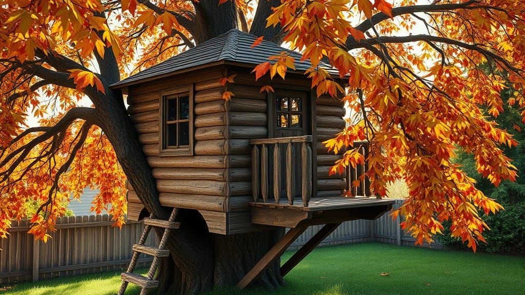 Cozy Autumn Treehouse Nestled among Falling Leaves
