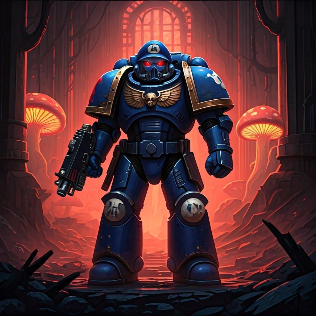 Mario-Inspired Space Marine in Warhammer 40k Environment