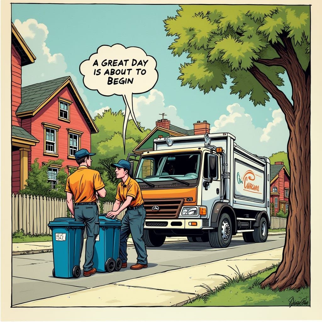 Comic Art of Trash Truck and Workers Under Banner