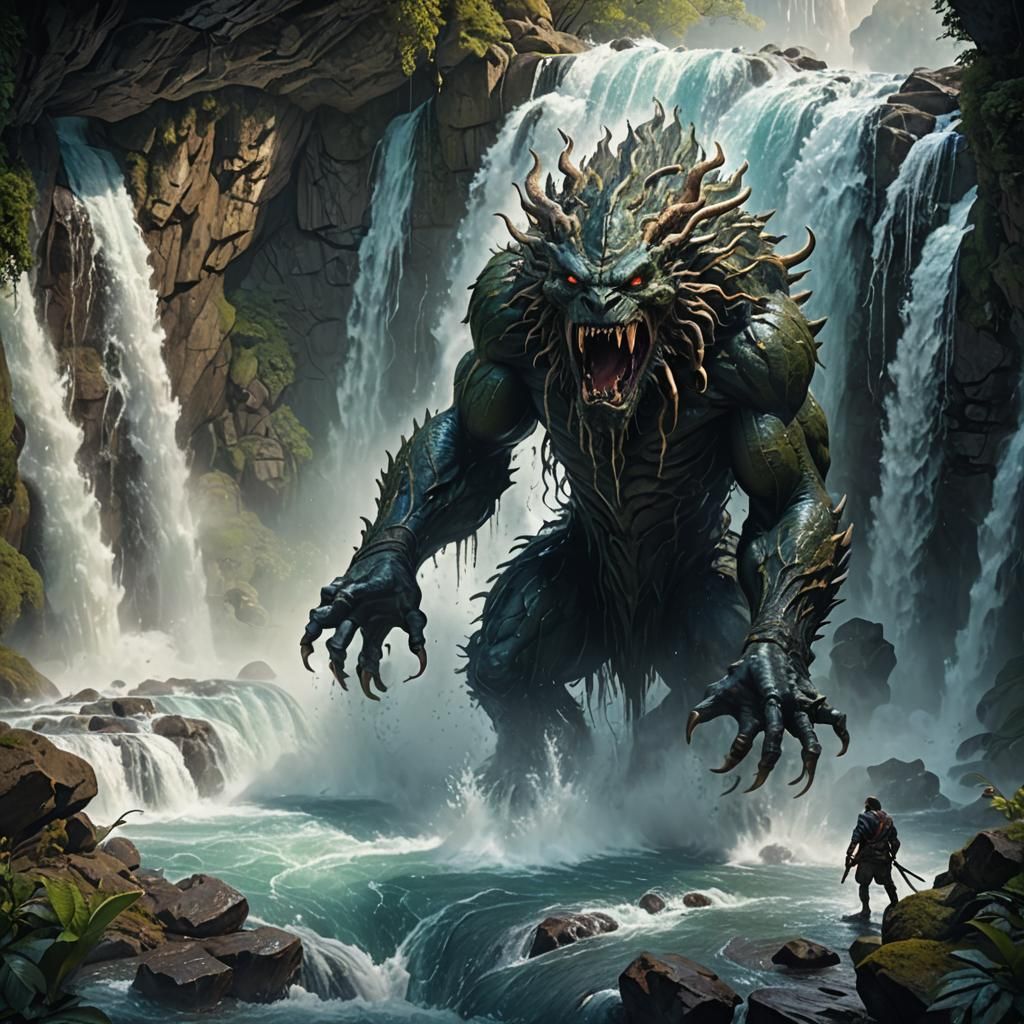 Fantasy Monster Hunting Under Waterfall: Art Nouveau Style