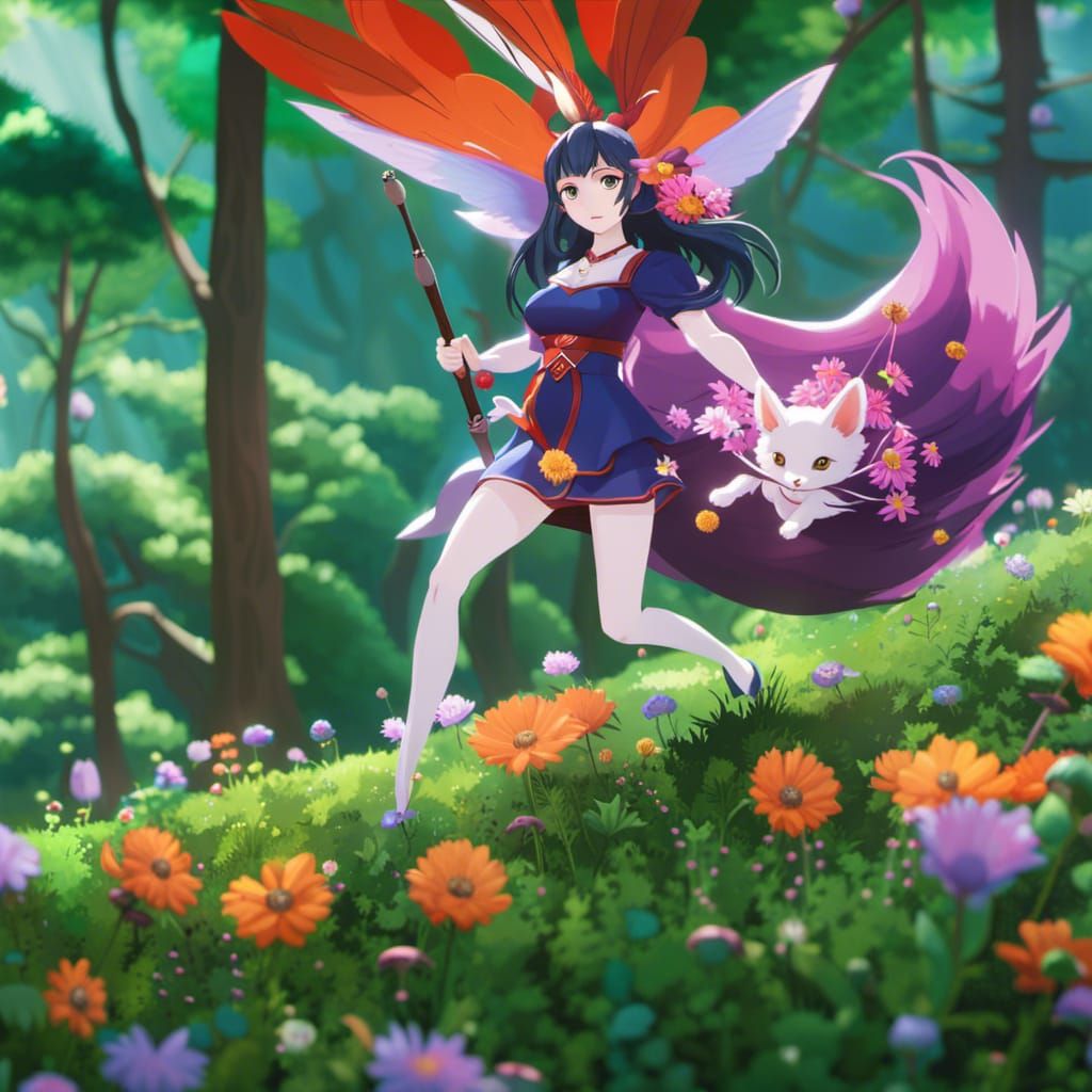 Kitsune Superhero with Flower Fairies, Ghibli Style