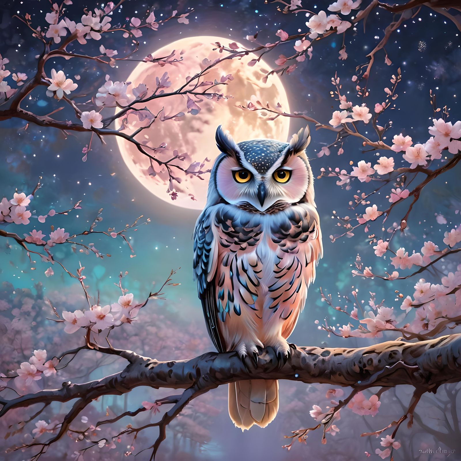 Iridescent Owl in Mystical Moonlit Landscape