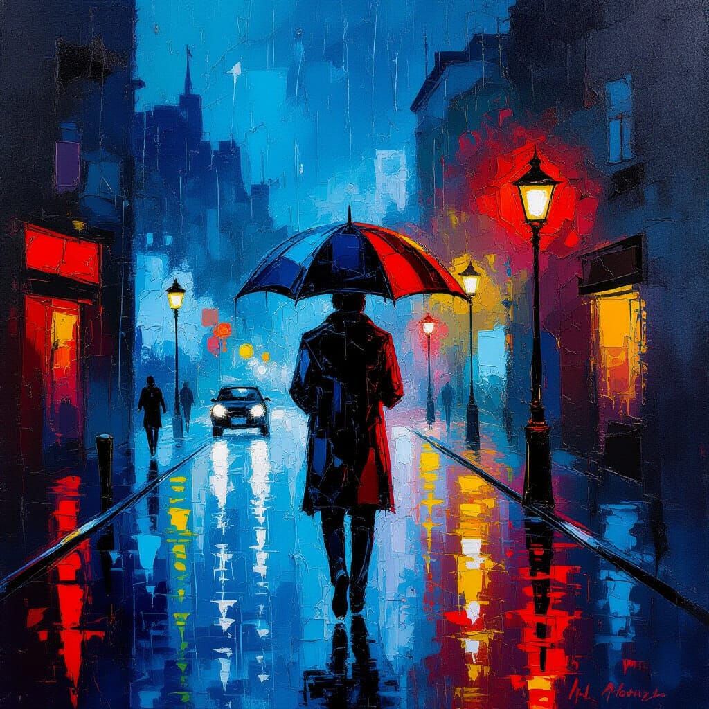 Urban Solitude: Figure in Fiery Red and Ice Blue Rain