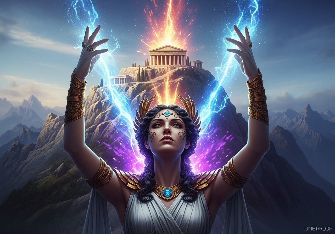 Greek Goddess Before Temple on Mountain in Dramatic Lighting