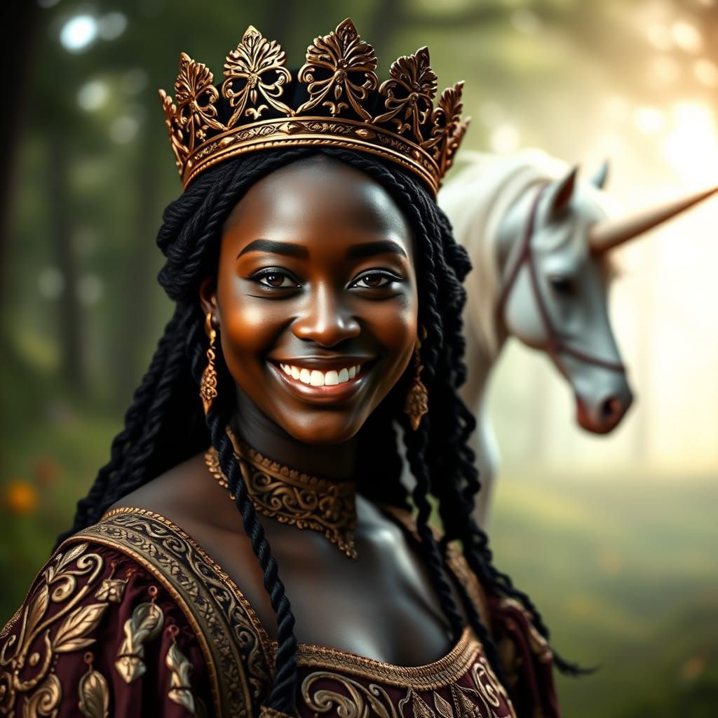 Medieval Woman with Unicorn in Magical Forest