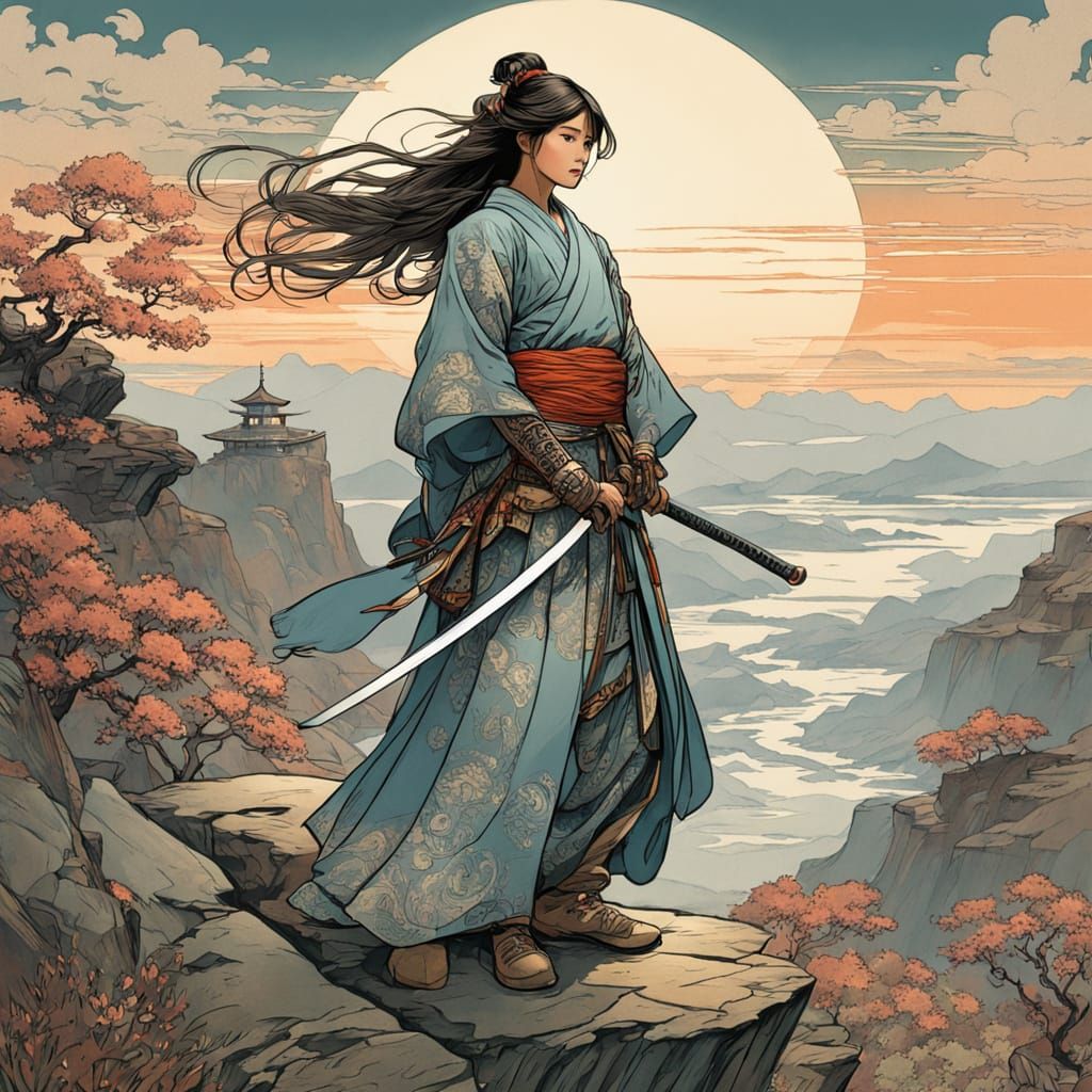 Samurai Warrior on Cliffside in Lyrical Illustration Style