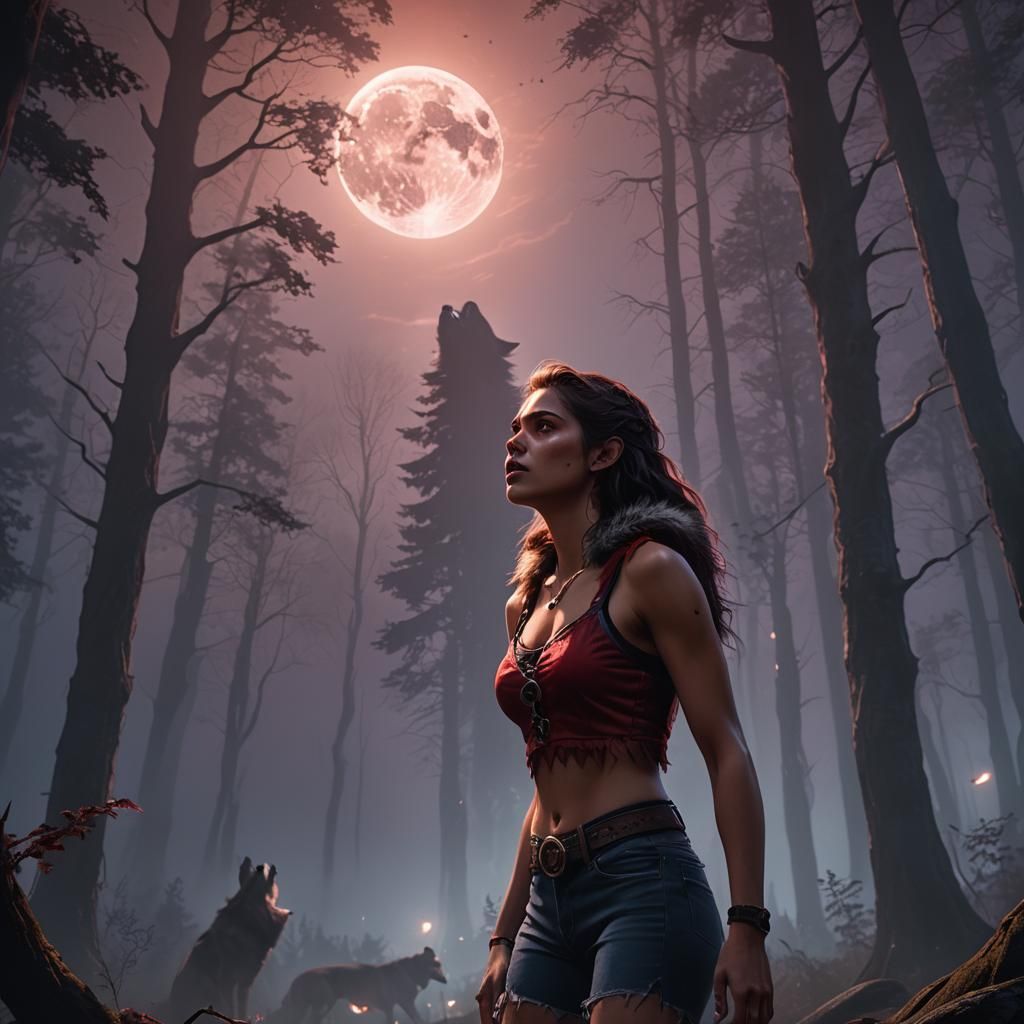 Teenage Werewolf Howling at Misty Moon, Fantasy Art