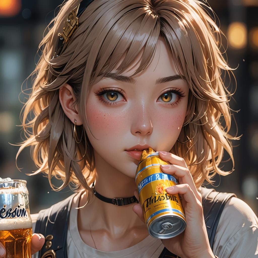 Anime Girl Drinking Beer in Hyper-Realistic Style