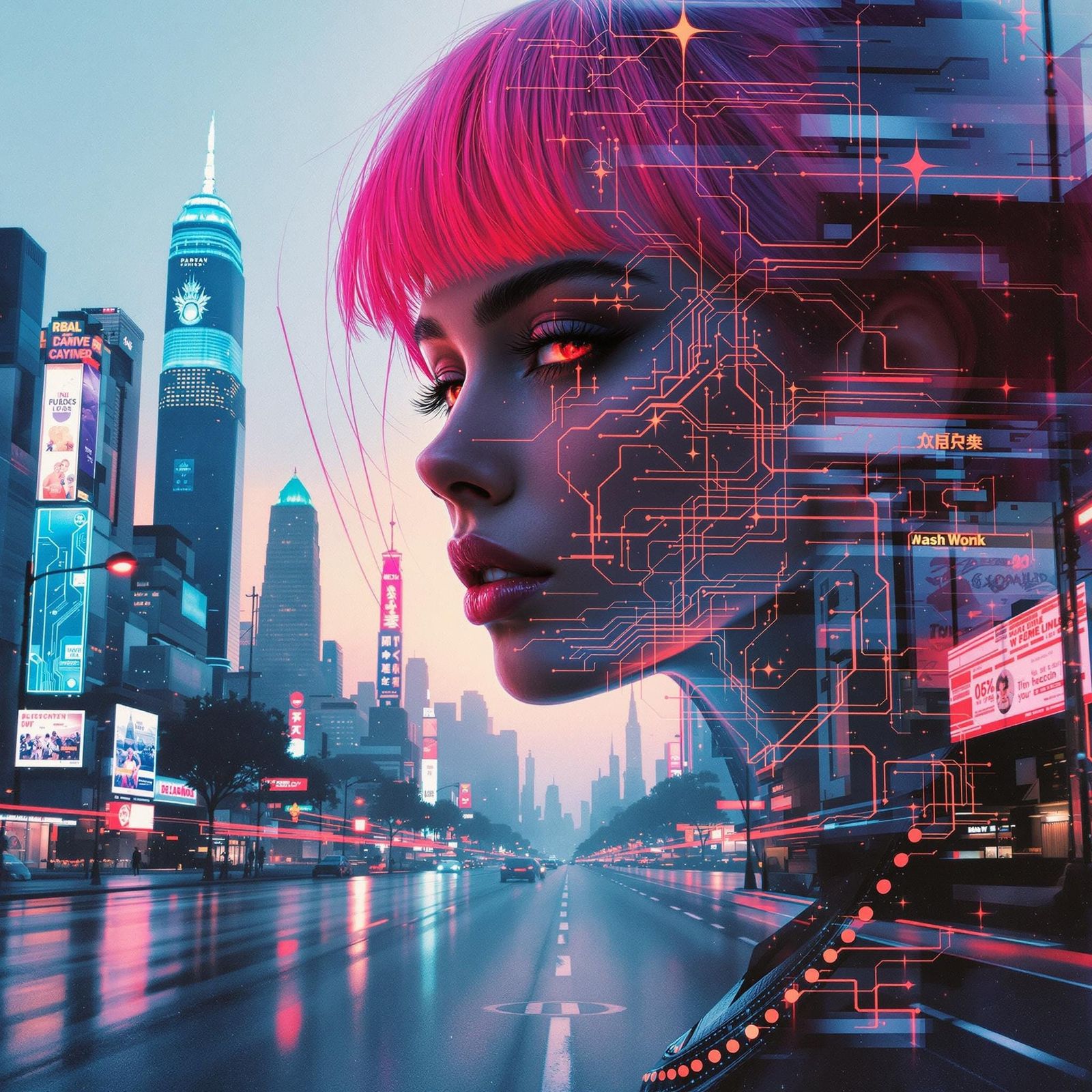 Futuristic Woman in Neon-Lit Cityscape