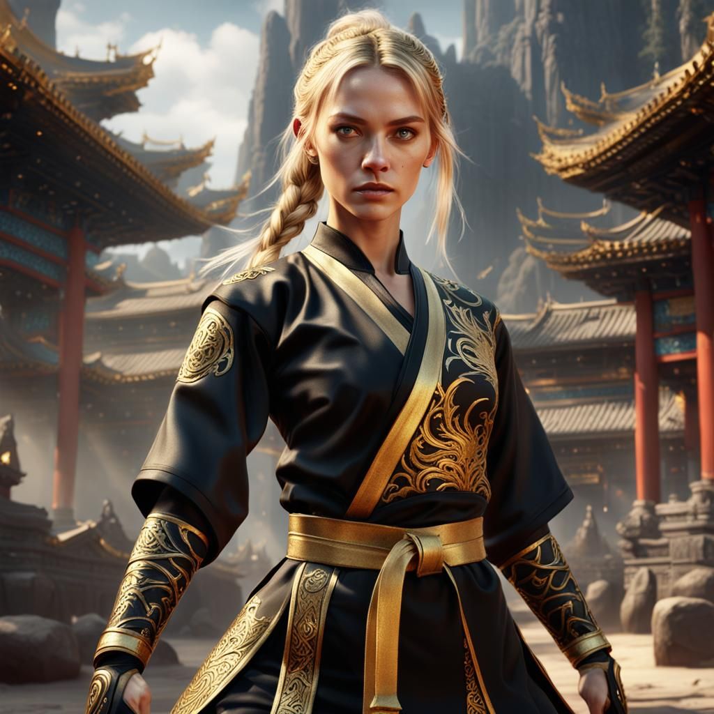 Teenage Martial Artist in Gold and Black Attire