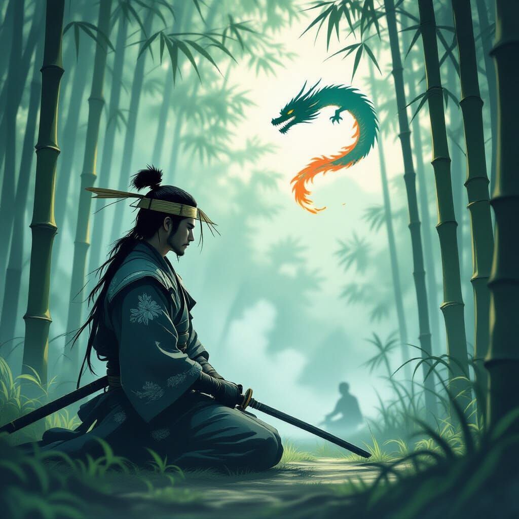 Samurai Warrior in Bamboo Forest, Ink Wash Style