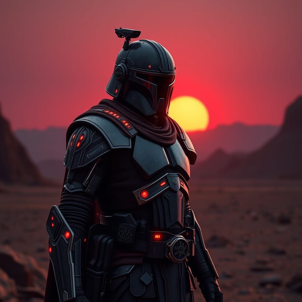 Sith Warrior Silhouette on Rocky Planet at Sunset