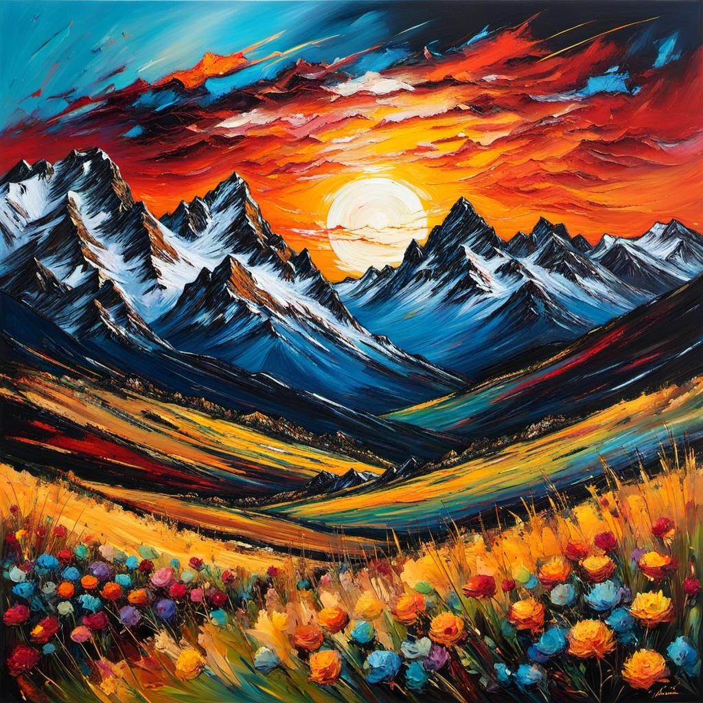Encaustic Mountain Sunset in Tachisme Style