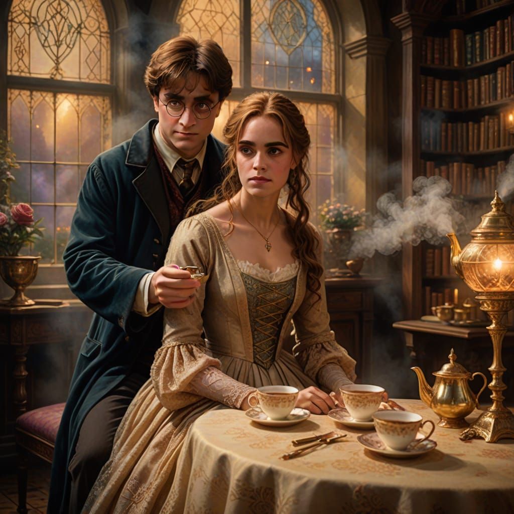 Harry Potter and Hermione in Victorian Thomas Kinkade Style