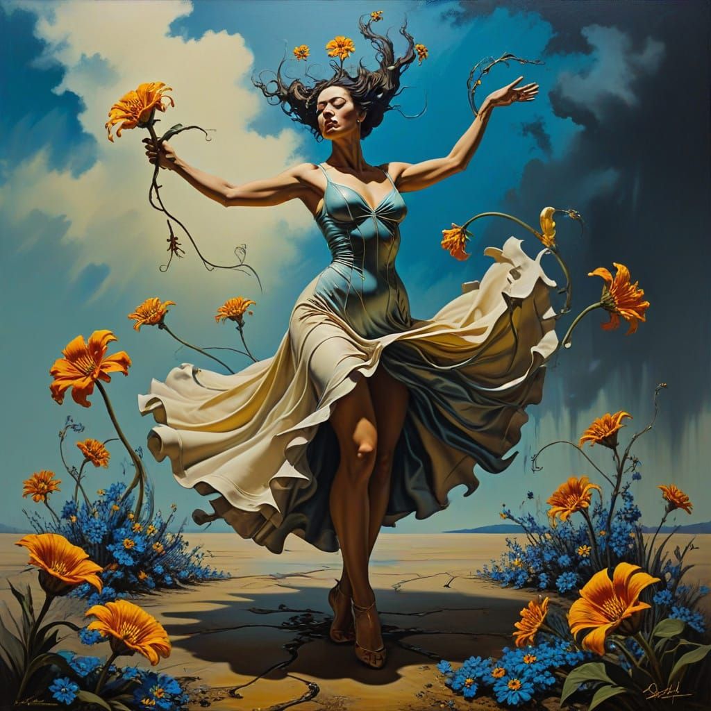 Surreal Flowers Woman Dance in Melting Oil