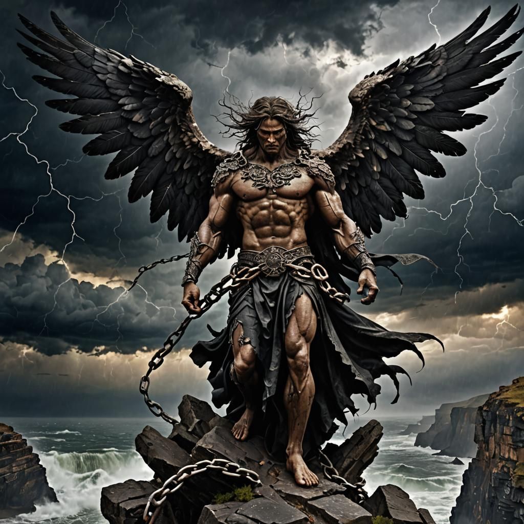 Dark Angel Shackled on Stormy Cliff Edge