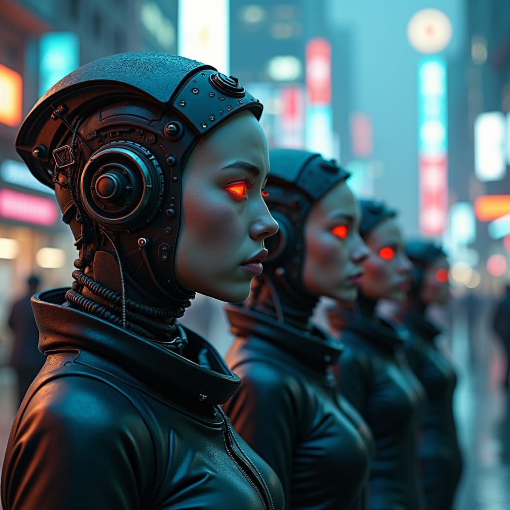 Futuristic Cyberpunk Cityscape with Biomechanical Characters