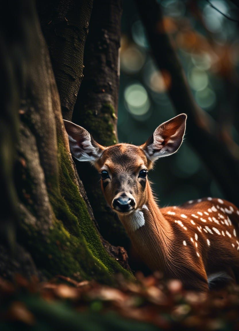 Deer Hiding Behind Tree: Hyperrealistic Photograph