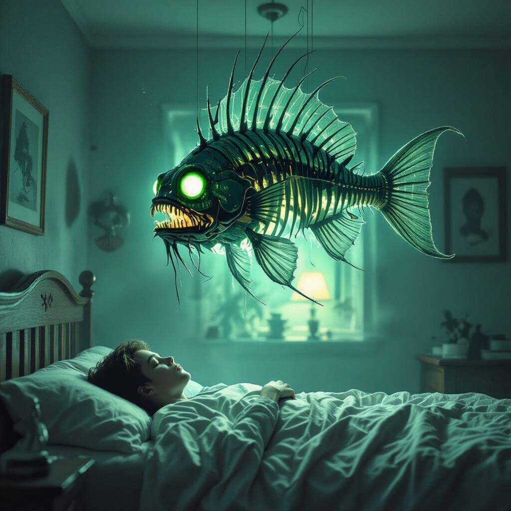 Eerie Bioluminescent Anglerfish in Dark Bedroom