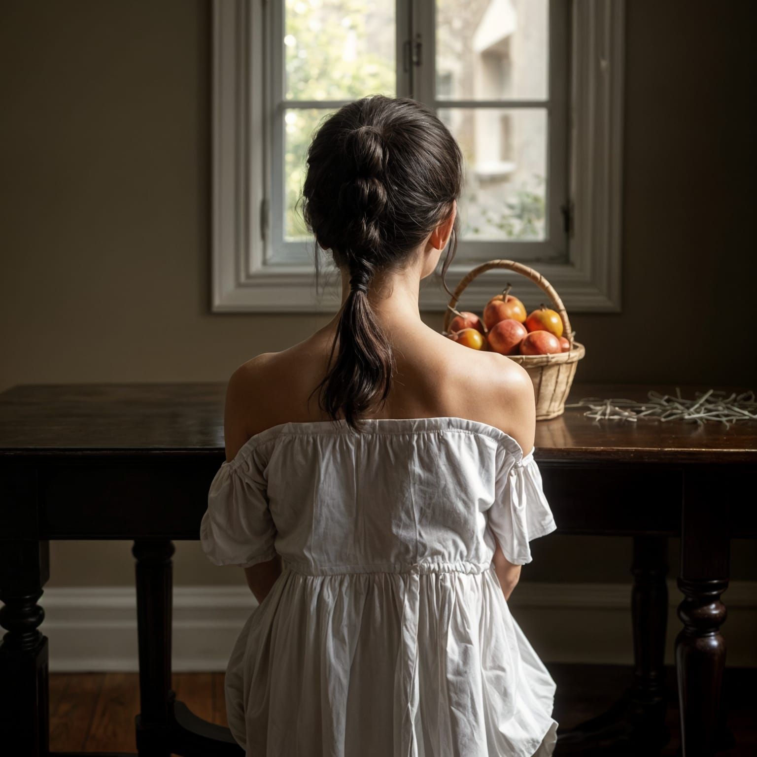 Girl with Pears, Volumetric Lighting, Morandi Style