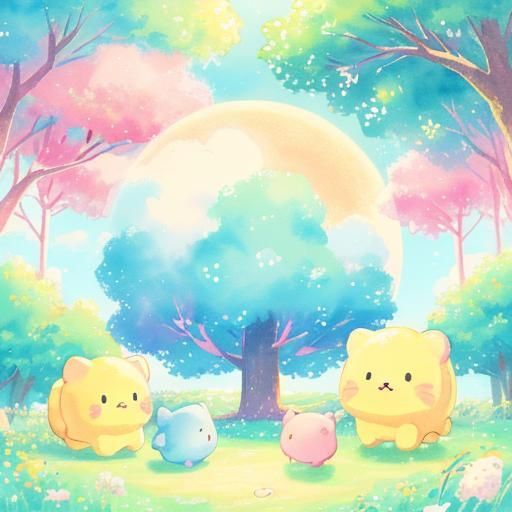 Kawaii Animals Gather in Pastel Watercolor