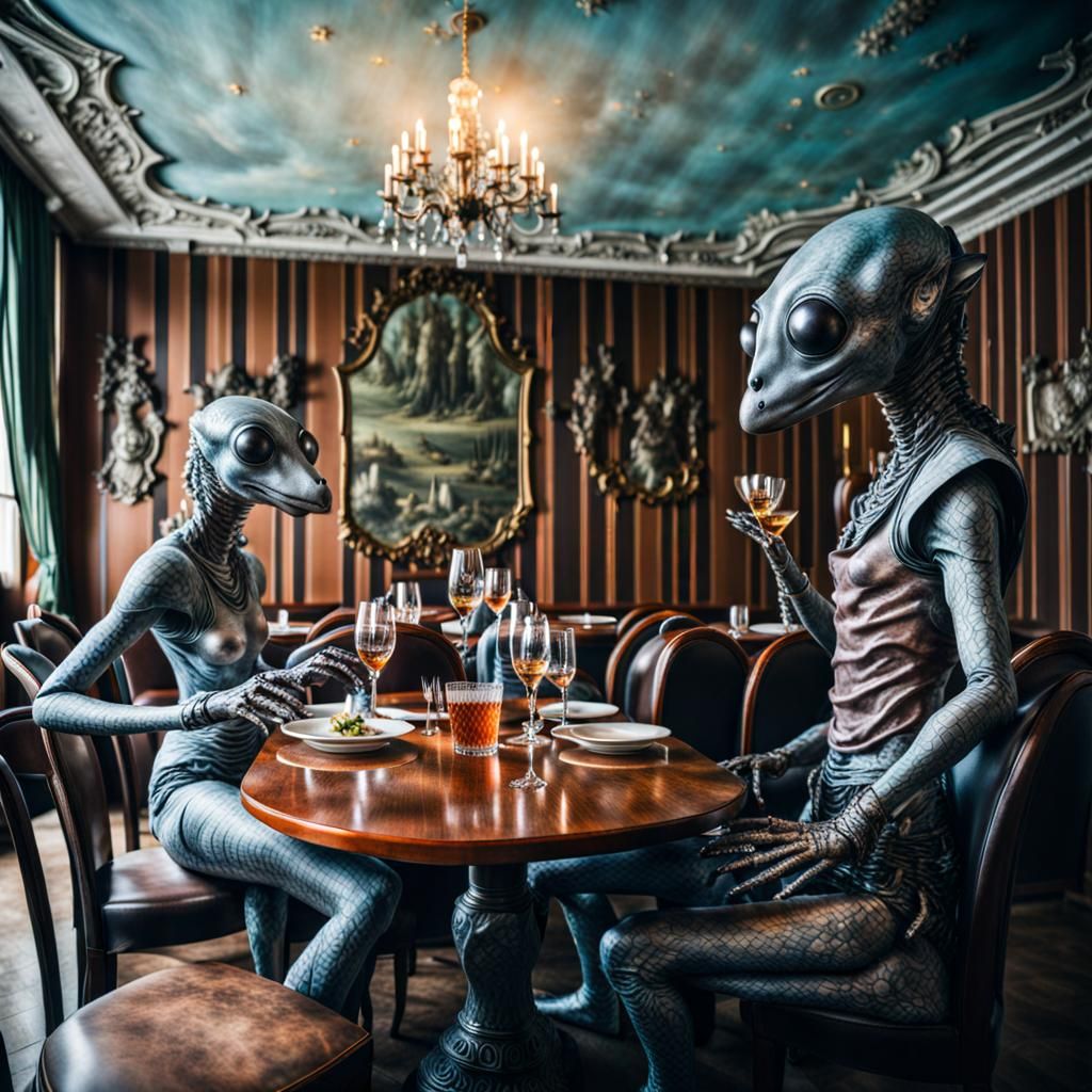 Surreal Restaurant Scene with Alien Celebration