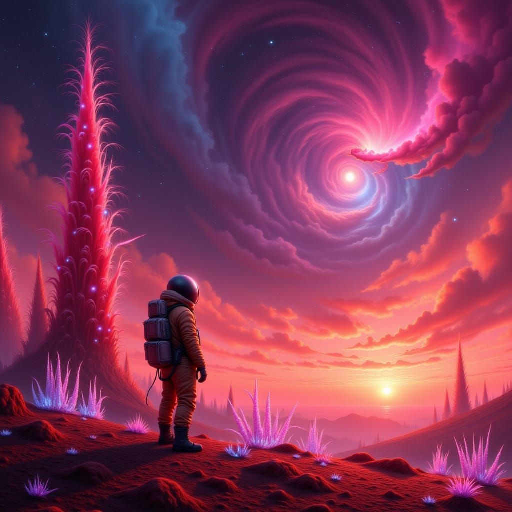 Astronaut on Alien Planet with Glowing Flora