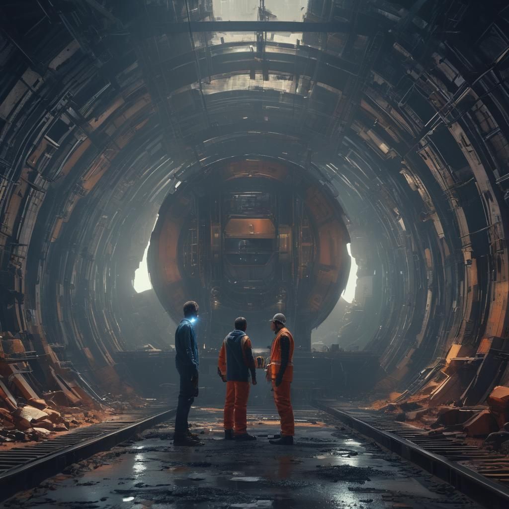 Tunnel-Boring Machine with Engineers: Sci-Fi Cinematic Still