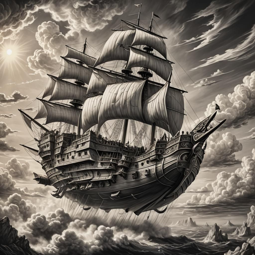 Fantasy Flying Ship Caravan: Charcoal Drawing