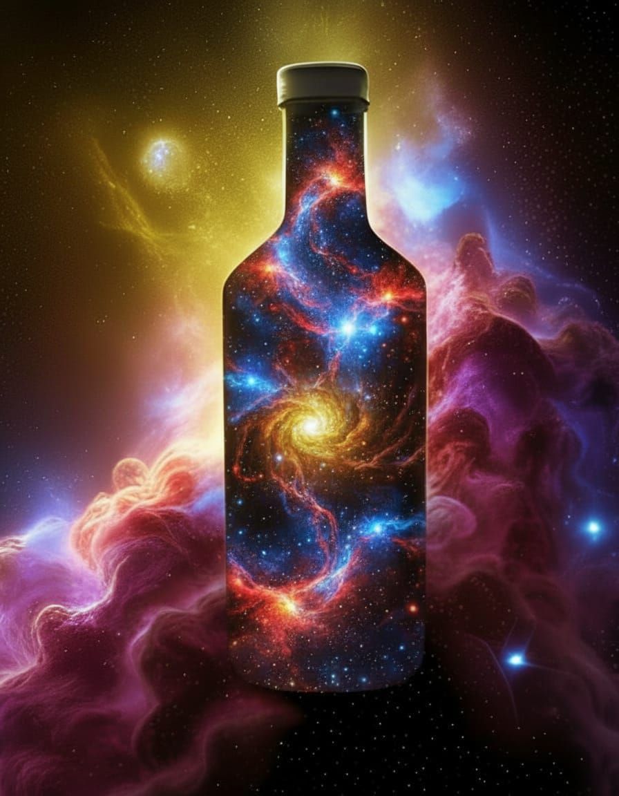 Cosmic Bottle Galaxy Scene in Vivid Yellow, Red, Blue