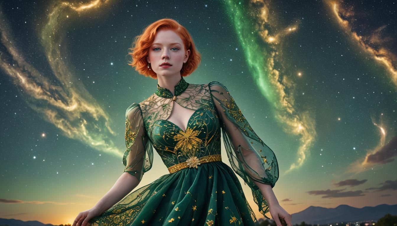 Woman in Glass Dress Against Night Sky