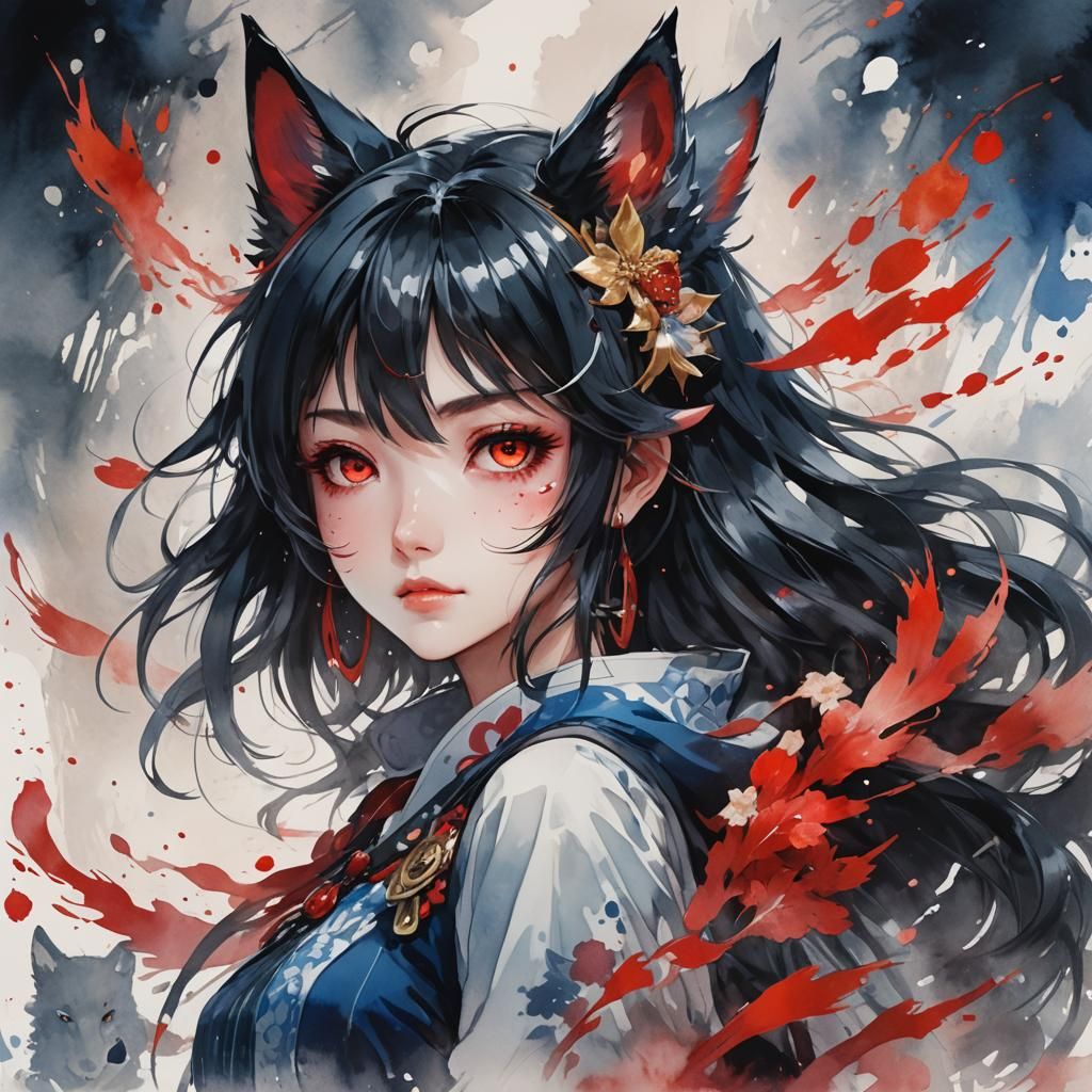 Anime Girl with Wolf Ears in Watercolor Style