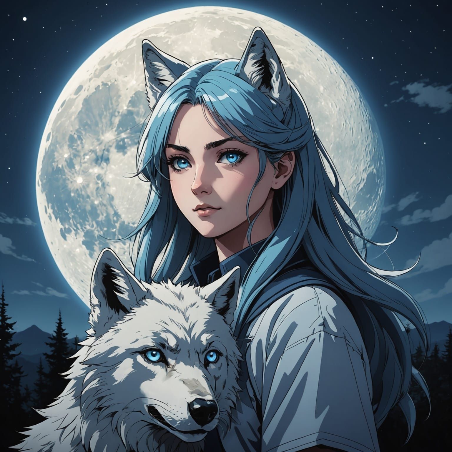 Anime Girl with Wolves in Cel-Shaded Style