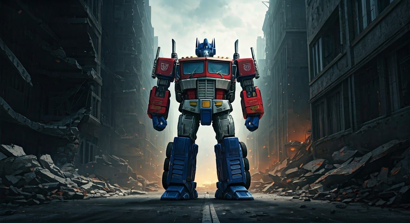 Optimus Prime in a Gritty, War-Torn Cityscape