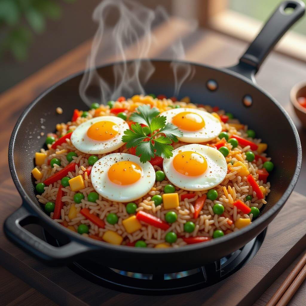 Mouth-Watering Fried Rice in Wok, Realistic Digital Art