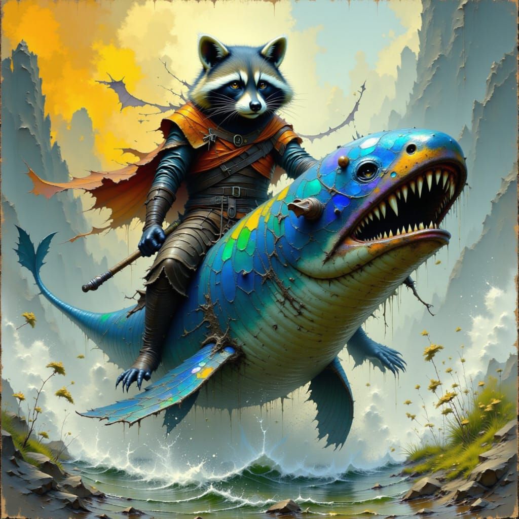Armored Raccoon Riding Narwhal into Battle
