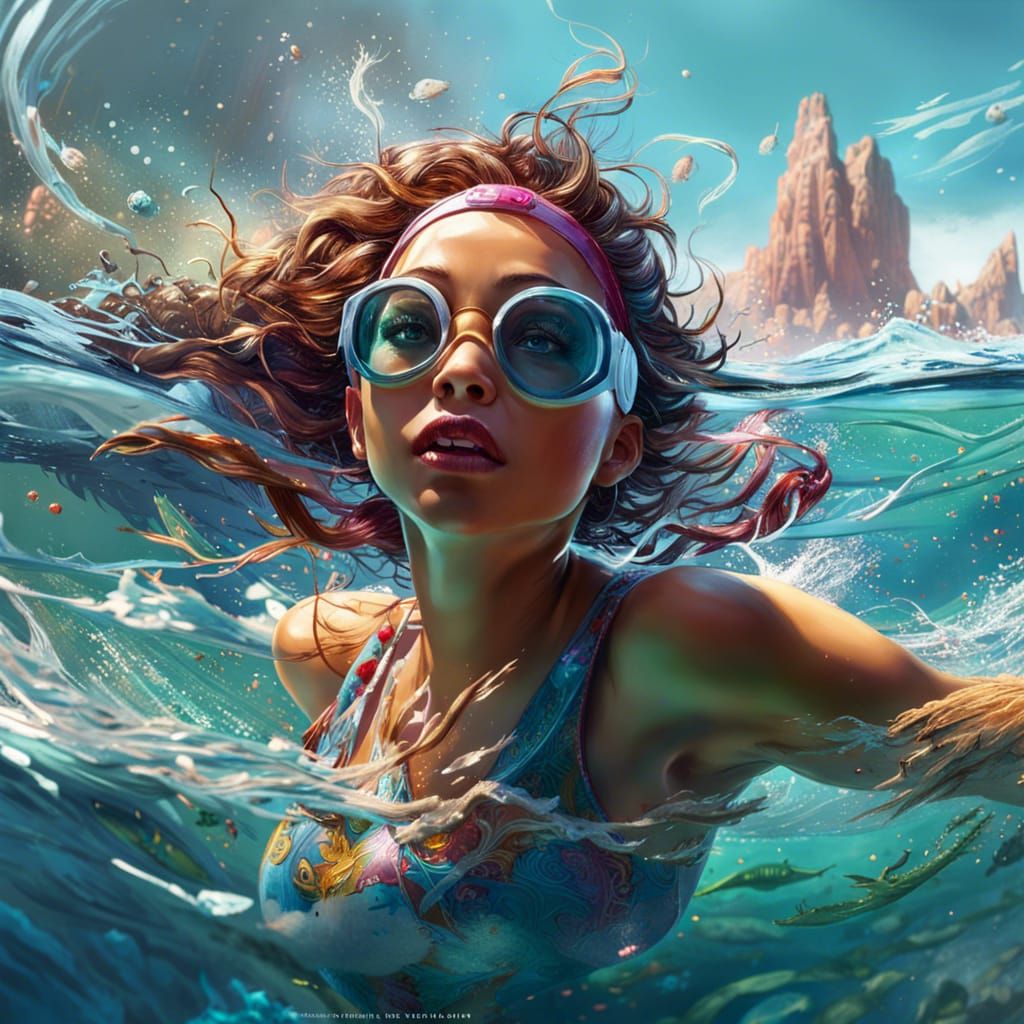 Woman Swimming on the Beach in 3D Digital Art