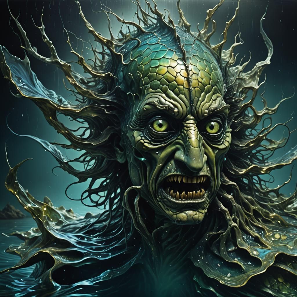 Surreal Fish-Human Hybrid in Dark Waters