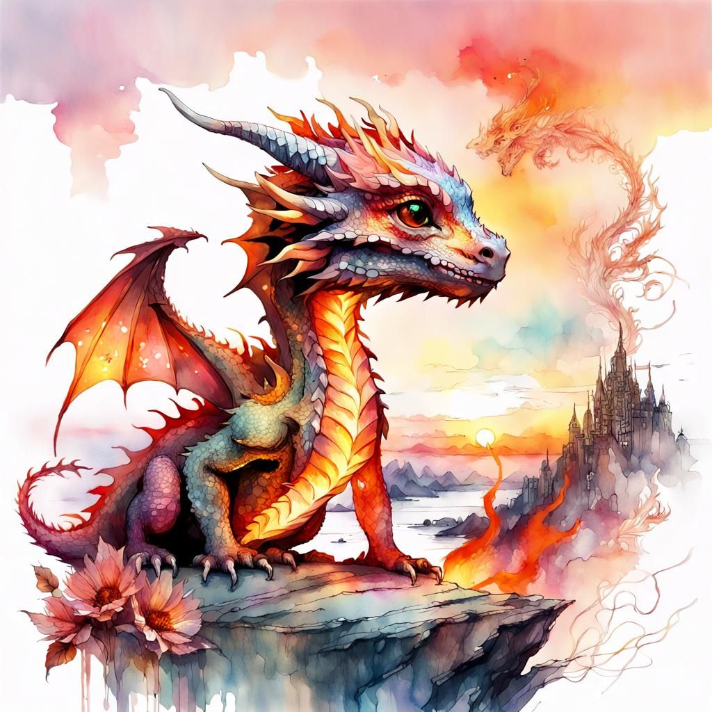 Cute Chibi Fire Dragon Digital Watercolor Art