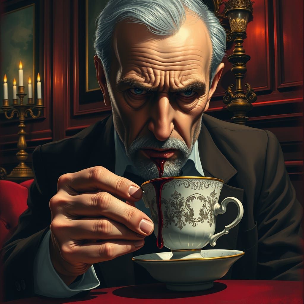 Elegant Vampire Sips Coffee in Dimly Lit Cafe