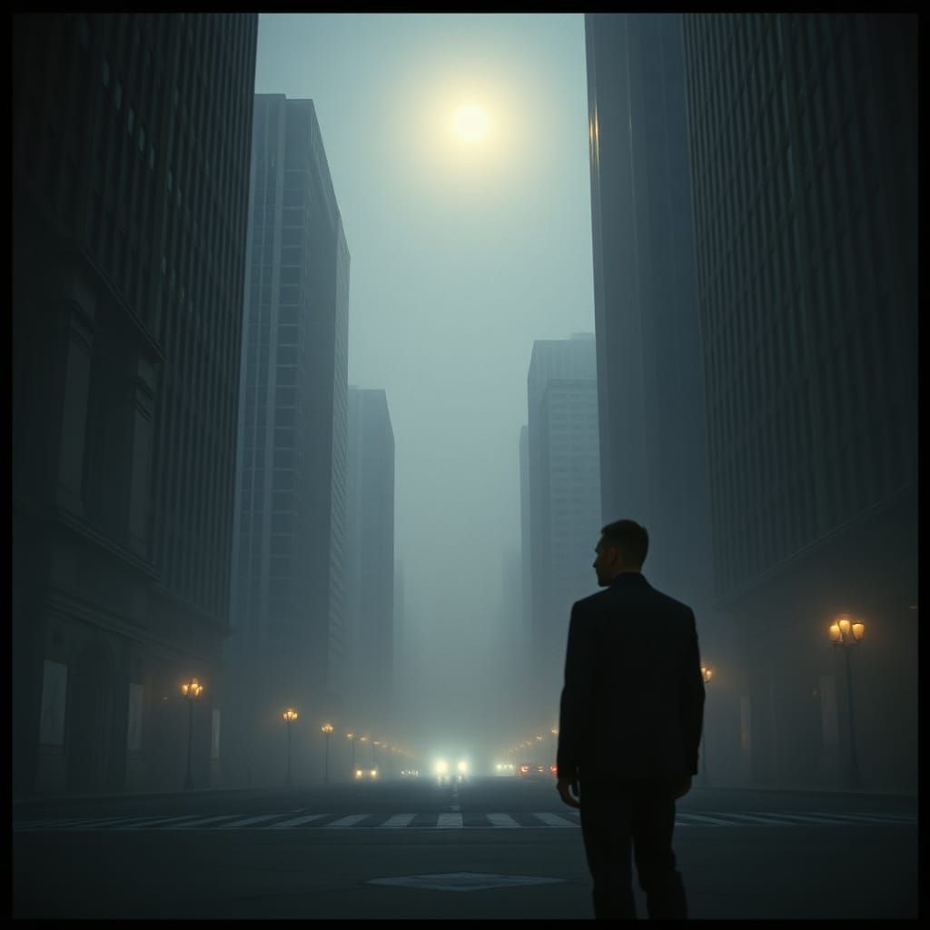 Moody Cityscape on Foggy Night in Cinematic Style